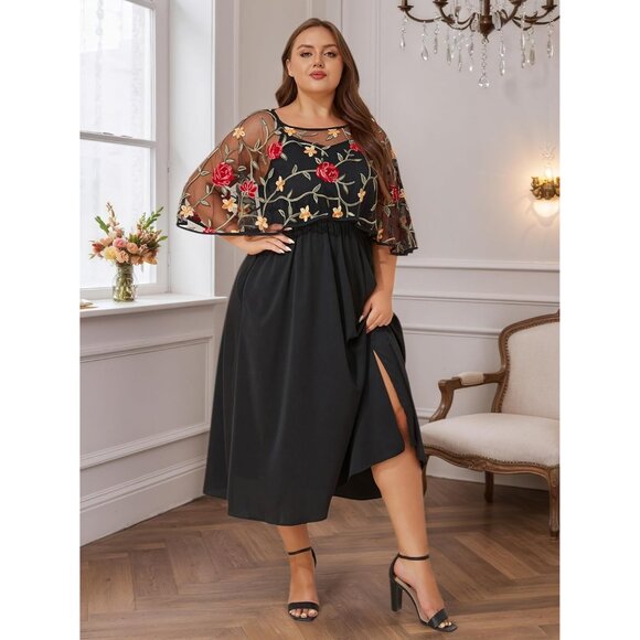 Women Plus Size Formal Dress with Floral Embroidery and Detachable Cape - Picture 7 of 8